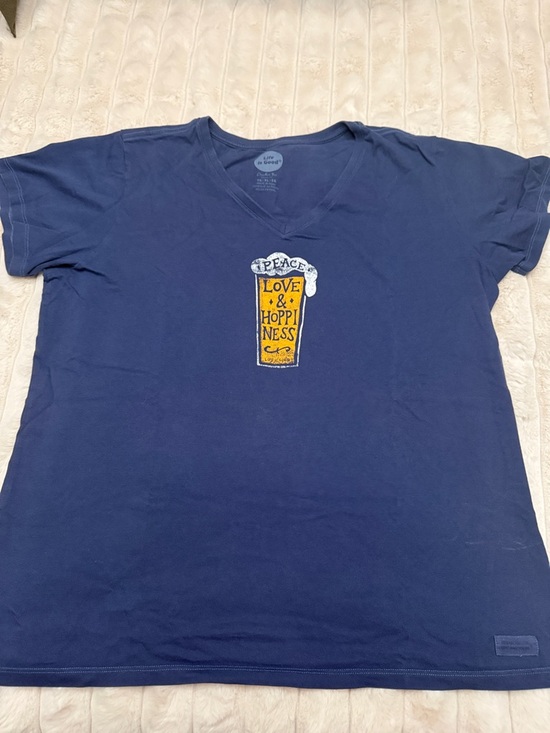 Life Is Good Tops - Life Is Good Navy V‑Neck Short Sleeve Tee with Yellow Beer Graphic
